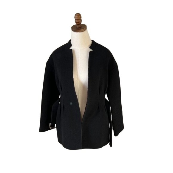 MAJE Belted Jacket Blazer Black Size 2 Collarless Slit Pockets Sash Tie Closure - Picture 2 of 12